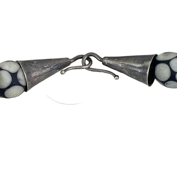 Vintage Handcrafted Necklace With Black & White Ceramic Beads Silver Clasps & Fl - Picture 4 of 9